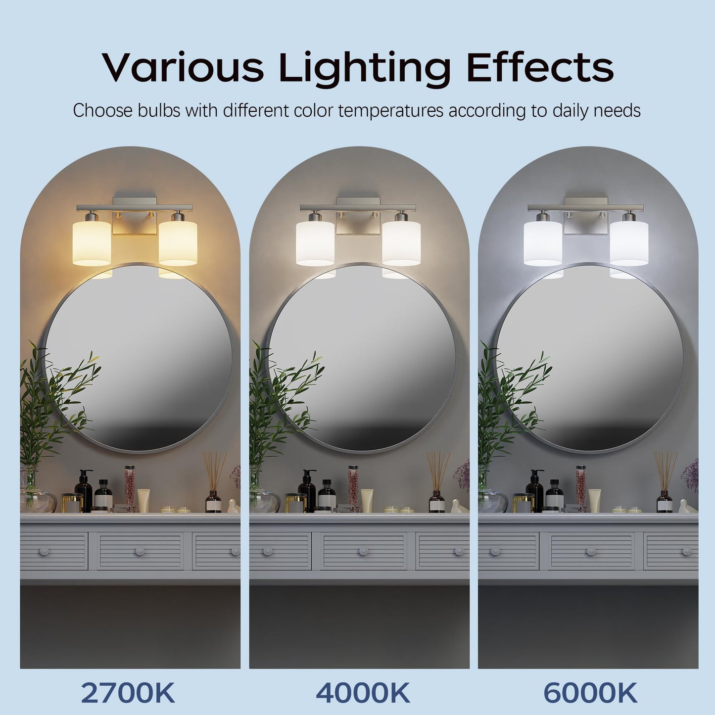 PARTPHONER Bathroom Light Fixtures, Bathroom Lighting Fixtures Over Mirror, Interior Classic Vanity Lights, Modern Bathroom Vanity Light with Textured White Glass Shade, Brushed Nickel, 3-Light