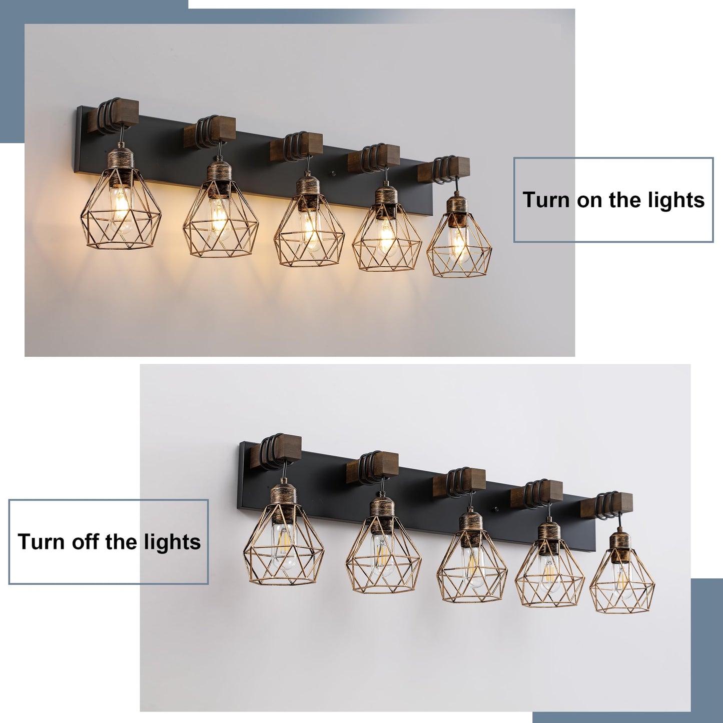 Farmhouse Vanity Light for Bathroom, 3-Light Wood Bathroom Vanity Light Fixtures Over Mirror, Rustic Sconces Wall Lighting with Metal Lampshade for Living Room, Bedroom, Hallway