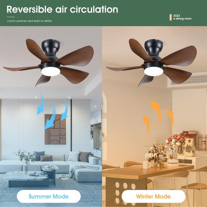 Ceiling Fans with Lights and Remote/APP Control, 30 inch Low Profile Ceiling Fans with 5 Reversible Blades 3 Colors Dimmable 6 Speeds Ceiling Fan for Bedroom Kids Room Dining Room, Black