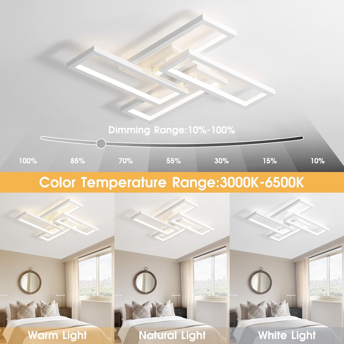 Modern LED Ceiling Light, kitchen light fixtures, Square LED Flush Mount Ceiling Light, APP and Remote Control Dimming with Memory 3000K-6500K for Dining Room, Living Room, Bedroom, Office (White)