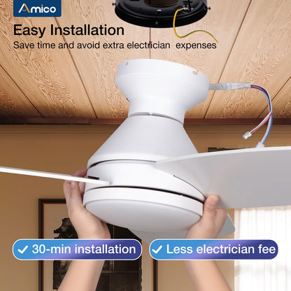 Amico Ceiling Fans with Lights, 42 inch Low Profile Ceiling Fan with Light and Remote Control, Flush Mount, Reversible, 3CCT, Dimmable, Noiseless, White Ceiling Fan for Bedroom, Indoor/Outdoor Use