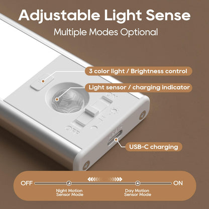 Under Cabinet Lighting, LED Motion Sensor Light Indoor, 2200mAh USB Rechargeable Closet Lights Battery Operated, Stick On Magnetic Wireless Dimmable Under Counter Lights for Kitchen, Stairs (2 Pack)