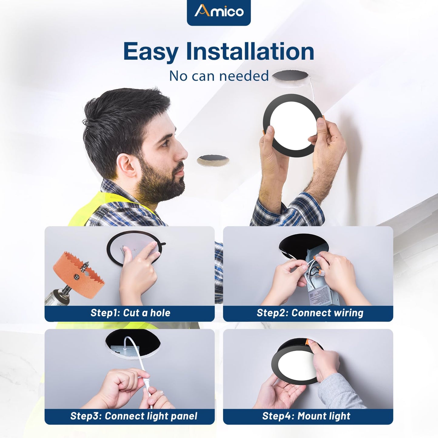 Amico 6 Pack 6 Inch 5CCT Ultra-Thin LED Recessed Ceiling Light with Junction Box, 2700K/3000K/3500K/4000K/5000K Selectable, 12W Eqv 110W 1050LM Brightness Dimmable Canless Wafer Downlight, ETL & FCC