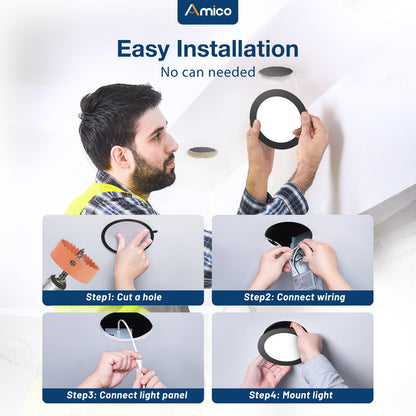 Amico 6 Pack 6 Inch 5CCT Ultra-Thin LED Recessed Ceiling Light with Junction Box, 2700K/3000K/3500K/4000K/5000K Selectable, 12W Eqv 110W 1050LM Brightness Dimmable Canless Wafer Downlight, ETL & FCC