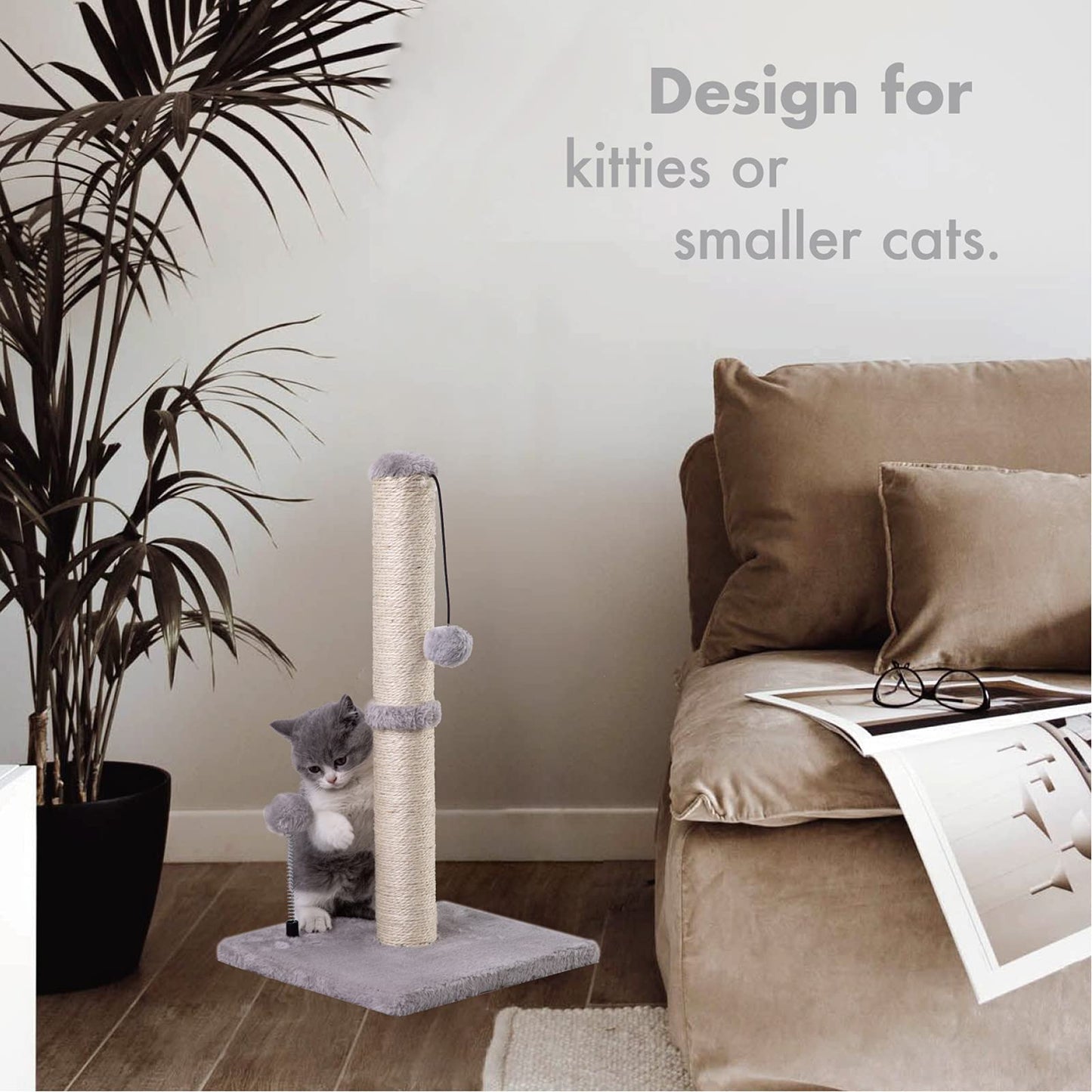 Cat Scratching Post Premium Basics Kitten Scratcher Sisal Scratch Posts with Hanging Ball 22in for Kittens or Smaller Cats (22 inches for Kitten, Beige)