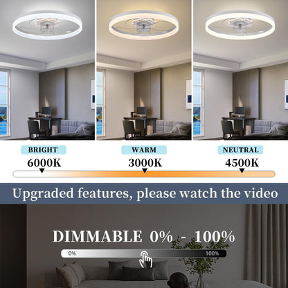20‘’ Ceiling Fan with Light, Upgraded Low Profile Fan, Flush Mount Ceiling Fan, 6 Speeds, Dimmable LED, App & Remote Control, Quiet DC Motor, for Bedroom, Living Room, F115 White