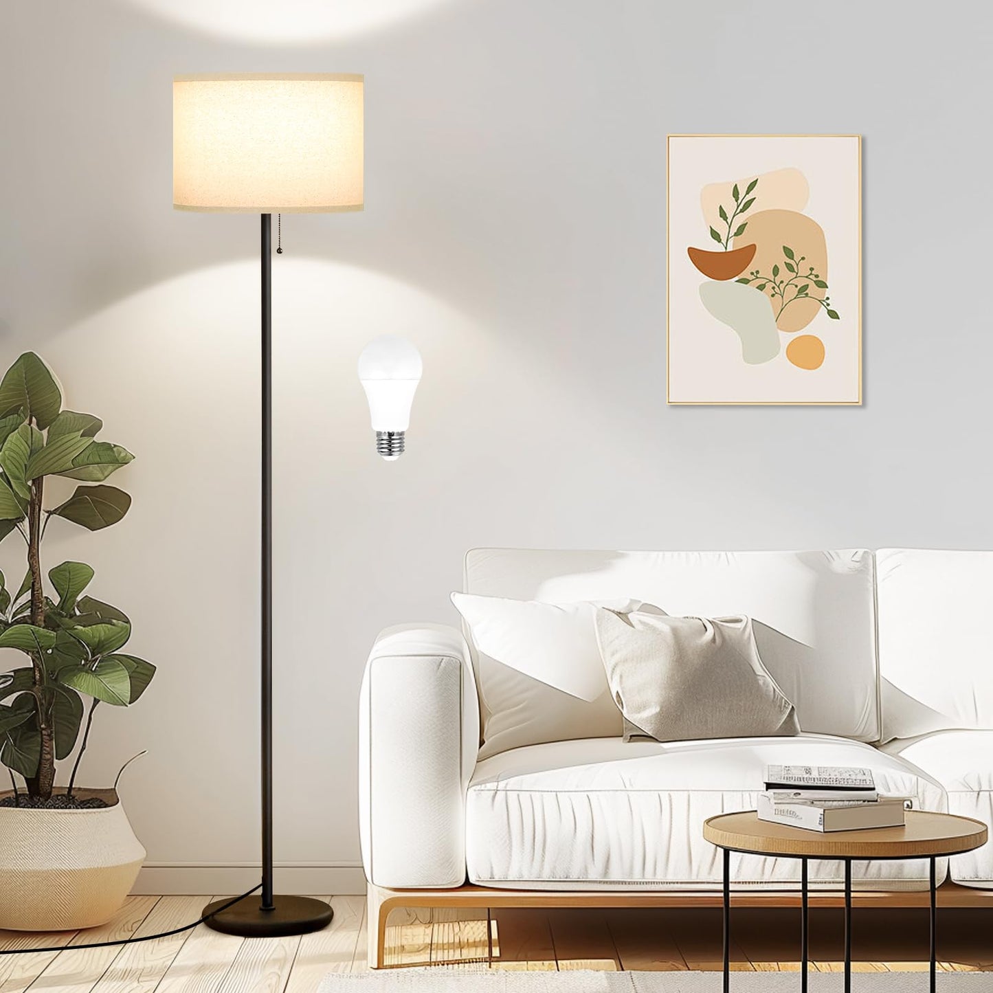 Modern Floor Lamp Simple Design with White Shade, Foot Pedal Switch, 60" Small Tall Lamps for Living Room Bedroom Office Dining Room Kitchen, Black Pole Lamp(Without Bulb)