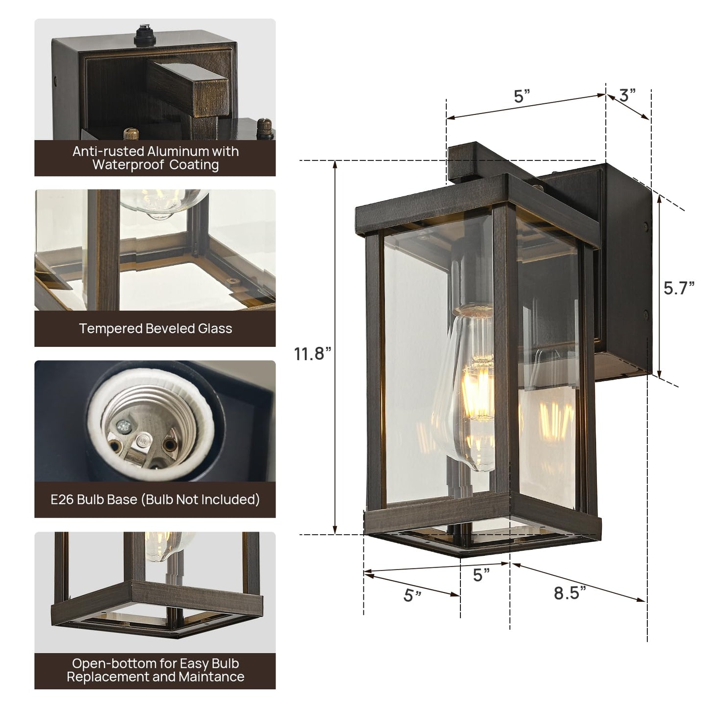 Dusk to Dawn Porch Lights with GFCI Outlets Waterproof Outdoor Wall Lights Exterior Lighting Fixtures Modern Outside Lights Wall Mount for House Patio Garage,Black,11.8''H,1PC