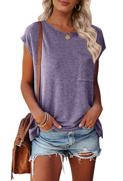 MEROKEETY Women's Casual Cap Sleeve T Shirts Basic Summer Tops Loose Solid Color Blouse