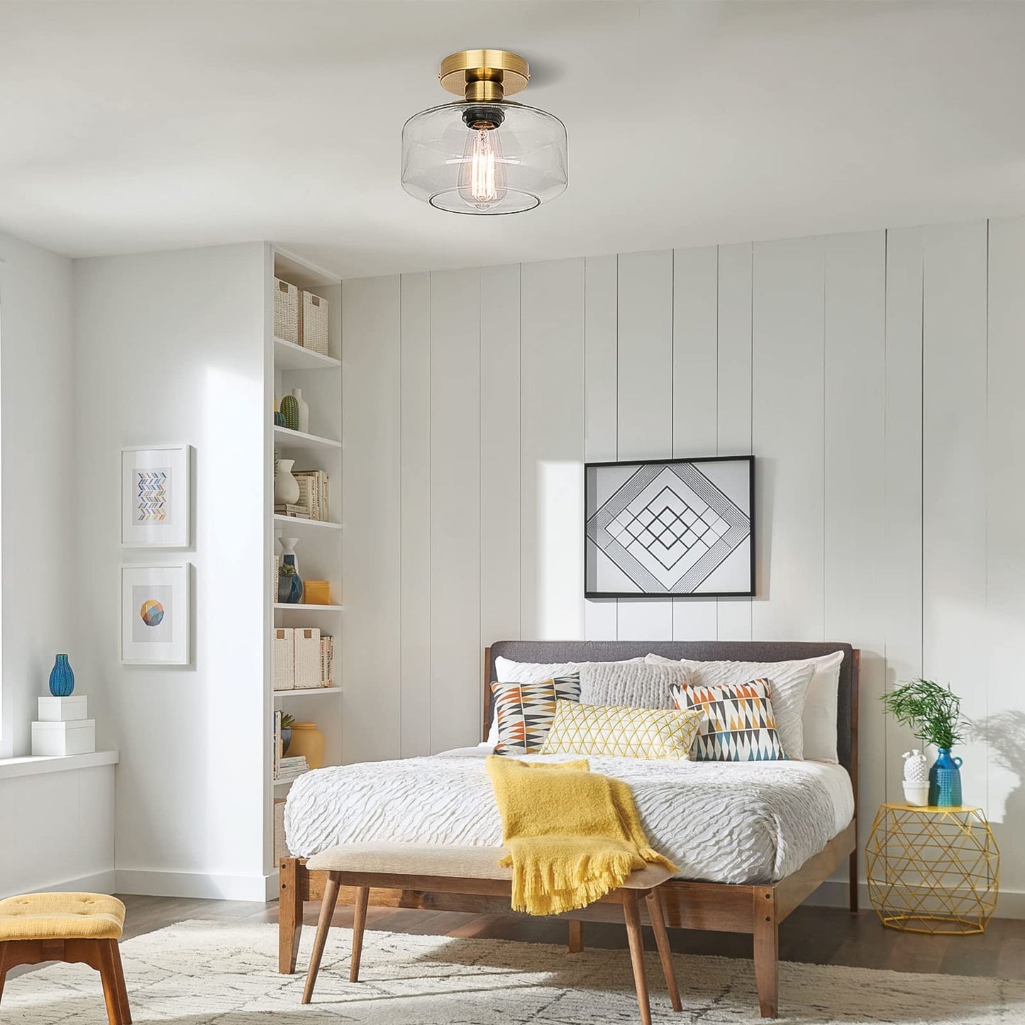 MAXvolador Industrial Semi Flush Mount Ceiling Light, Clear Glass Pendant Lamp Shade, Farmhouse Lighting for Hallway, Vintage Hanging Light Fixtures