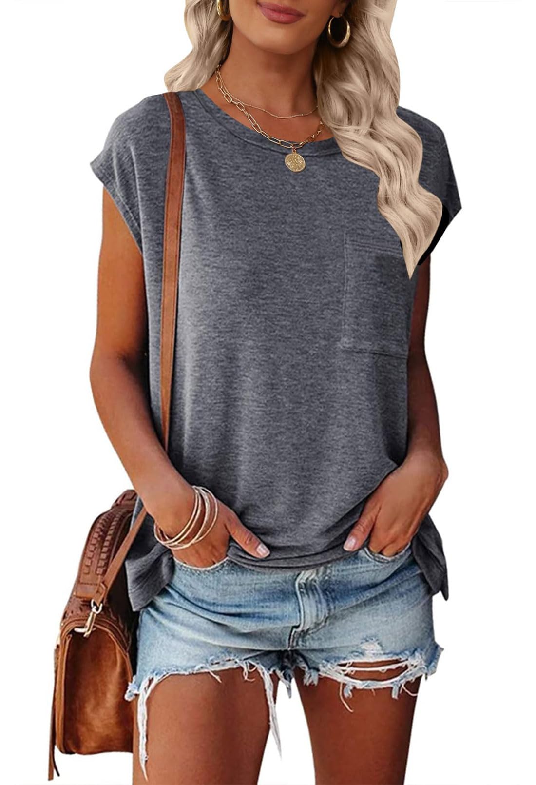 MEROKEETY Women's Casual Cap Sleeve T Shirts Basic Summer Tops Loose Solid Color Blouse