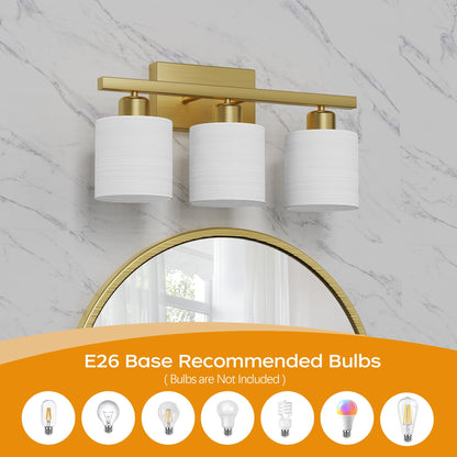 PARTPHONER Bathroom Light Fixtures, Bathroom Lighting Fixtures Over Mirror, Interior Classic Vanity Lights, Modern Bathroom Vanity Light with Textured White Glass Shade, Brushed Nickel, 3-Light