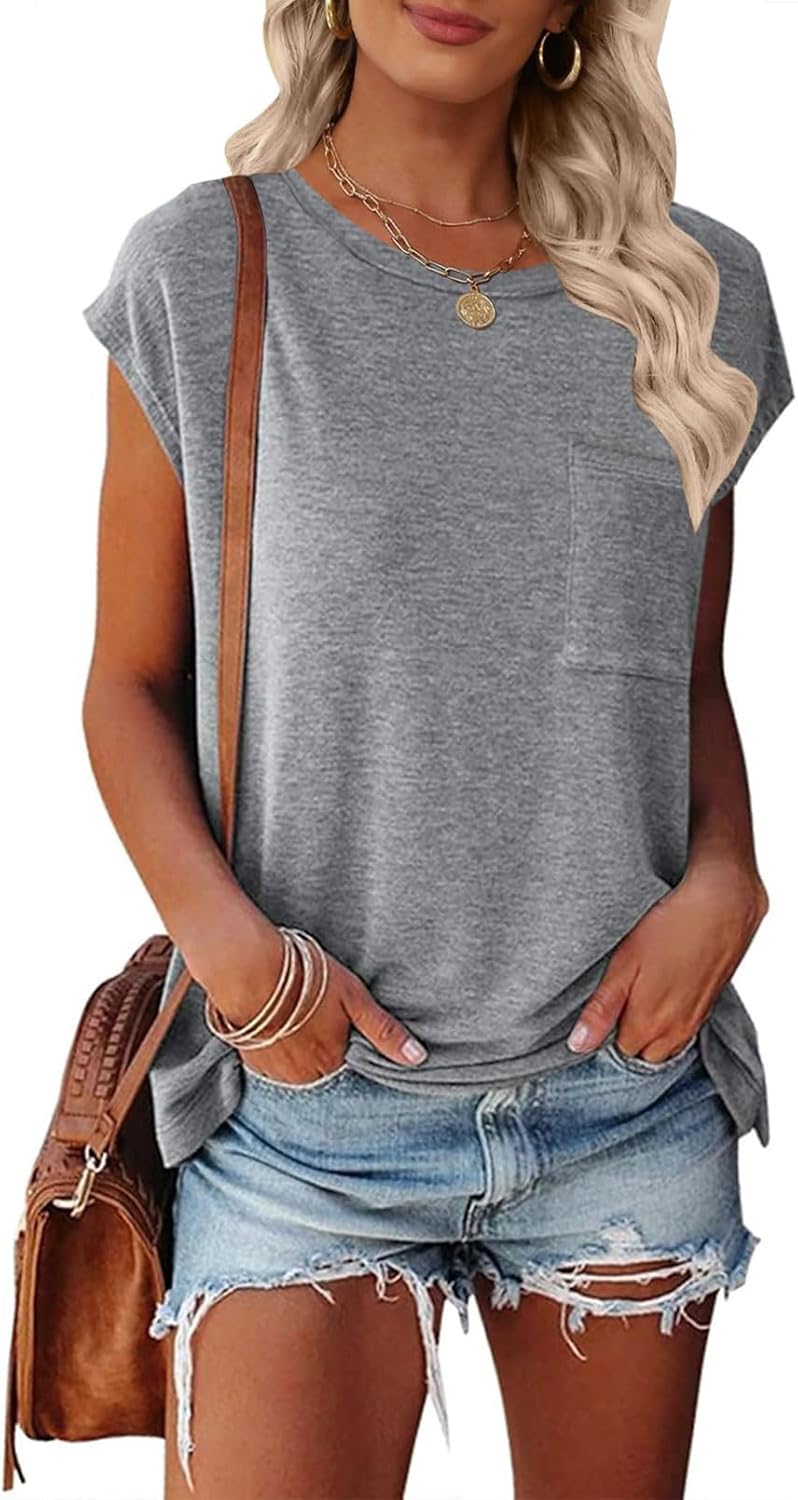 MEROKEETY Women's Casual Cap Sleeve T Shirts Basic Summer Tops Loose Solid Color Blouse