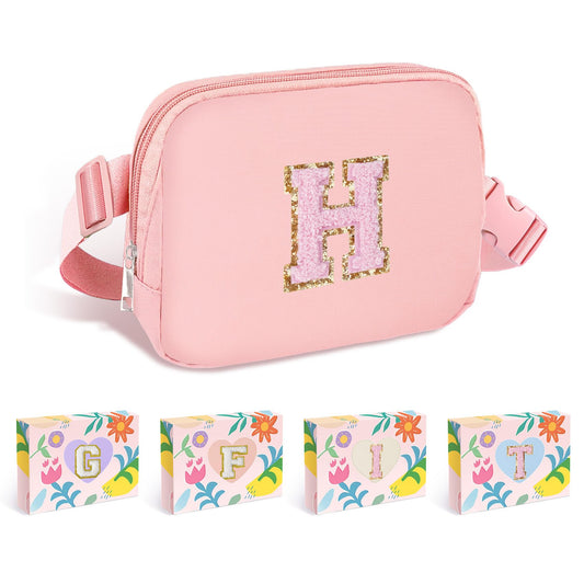 COSHAYSOO Pink Belt Bag Small Waist Fanny Pack Mini Crossbody Purse with Initial Preppy Letter Patch for Teen Girl Women Workout, Cross Body Chest Pouch Trending Birthday Gift Idea (S)