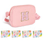 COSHAYSOO Pink Belt Bag Small Waist Fanny Pack Mini Crossbody Purse with Initial Preppy Letter Patch for Teen Girl Women Workout, Cross Body Chest Pouch Trending Birthday Gift Idea (S)
