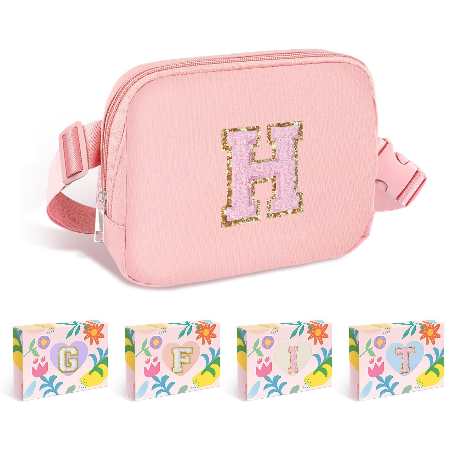 COSHAYSOO Pink Belt Bag Small Waist Fanny Pack Mini Crossbody Purse with Initial Preppy Letter Patch for Teen Girl Women Workout, Cross Body Chest Pouch Trending Birthday Gift Idea (S)