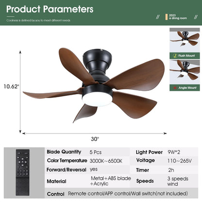 Ceiling Fans with Lights and Remote/APP Control, 30 inch Low Profile Ceiling Fans with 5 Reversible Blades 3 Colors Dimmable 6 Speeds Ceiling Fan for Bedroom Kids Room Dining Room, Black