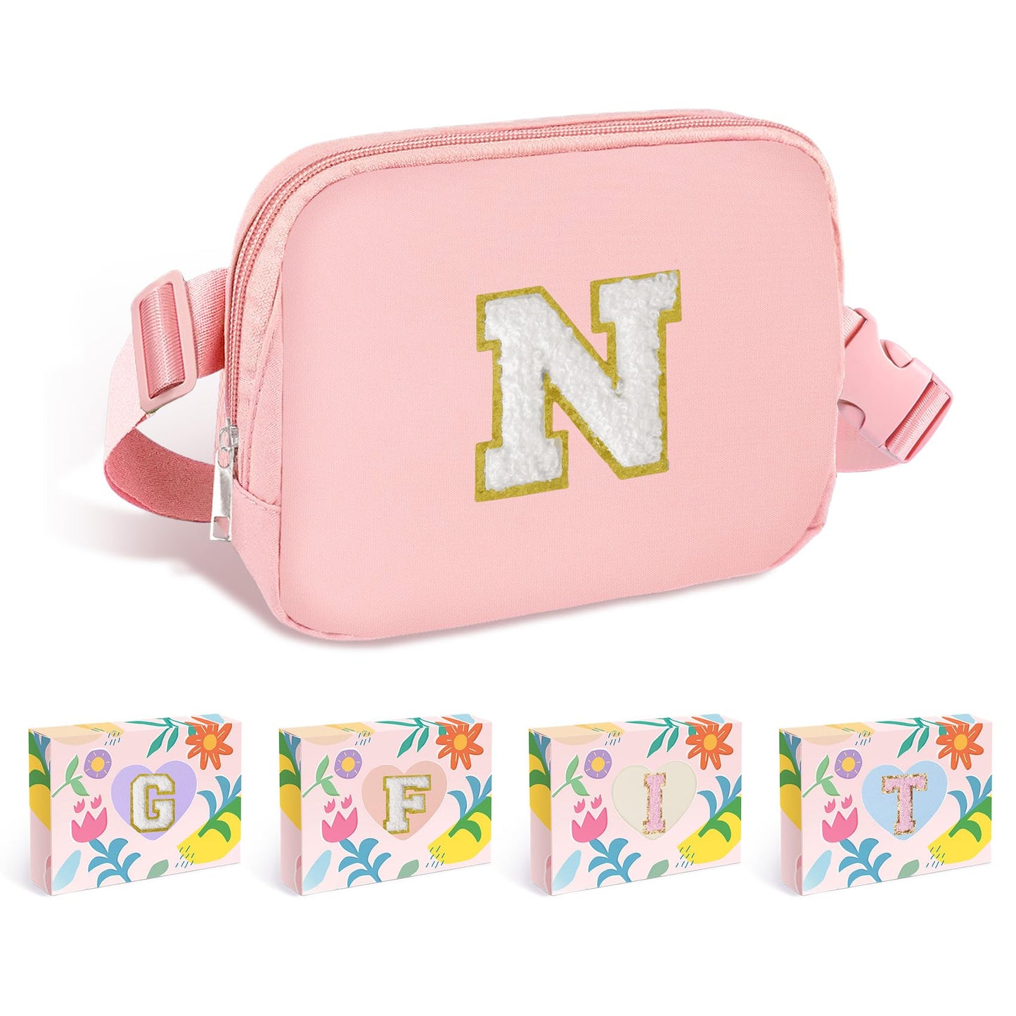 COSHAYSOO Pink Belt Bag Small Waist Fanny Pack Mini Crossbody Purse with Initial Preppy Letter Patch for Teen Girl Women Workout, Cross Body Chest Pouch Trending Birthday Gift Idea (S)