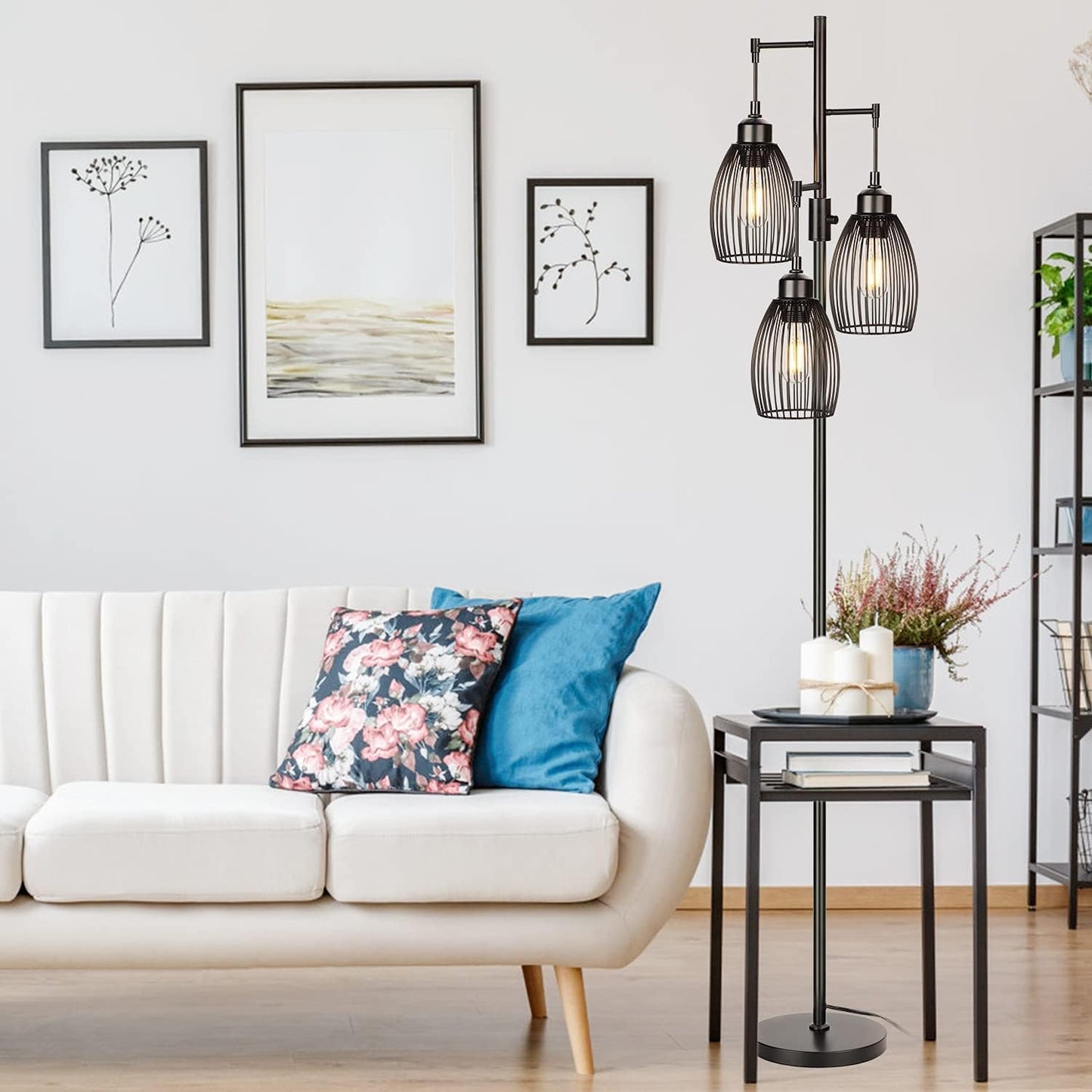 Dimmable Industrial Floor Lamps for Living Room, Gold Tree Standing Tall Lamps with 3 Elegant Teardrop Cage Head & 800 Lumens LED Bulbs for Bedroom Office
