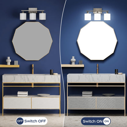 PARTPHONER Bathroom Light Fixtures, Bathroom Lighting Fixtures Over Mirror, Interior Classic Vanity Lights, Modern Bathroom Vanity Light with Textured White Glass Shade, Brushed Nickel, 3-Light