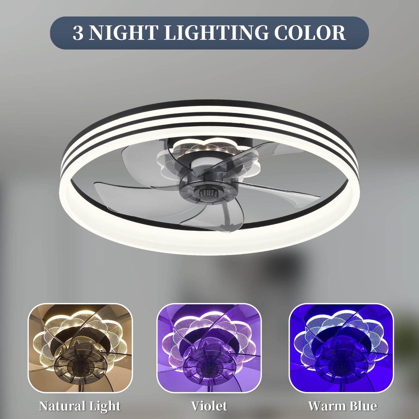 20‘’ Ceiling Fan with Light, Upgraded Low Profile Fan, Flush Mount Ceiling Fan, 6 Speeds, Dimmable LED, App & Remote Control, Quiet DC Motor, for Bedroom, Living Room, F115 White