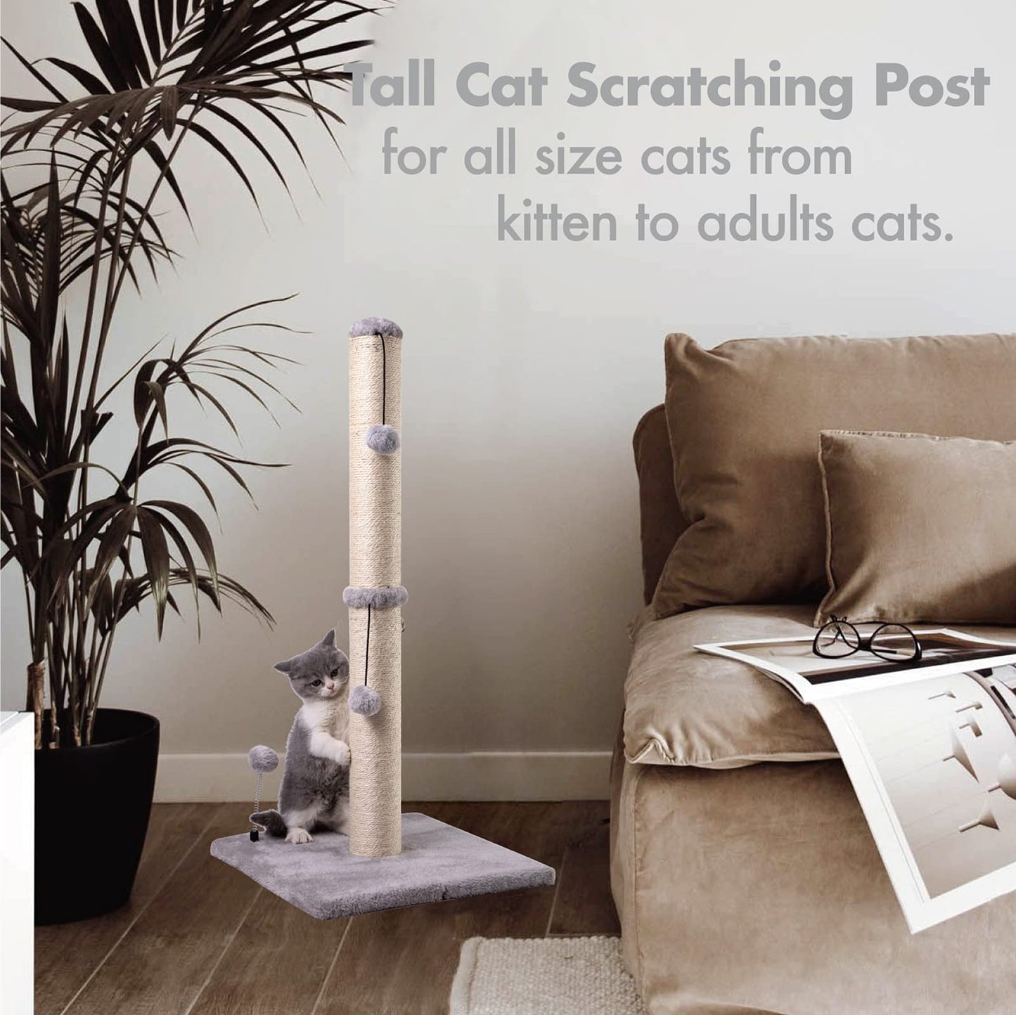 Cat Scratching Post Premium Basics Kitten Scratcher Sisal Scratch Posts with Hanging Ball 22in for Kittens or Smaller Cats (22 inches for Kitten, Beige)