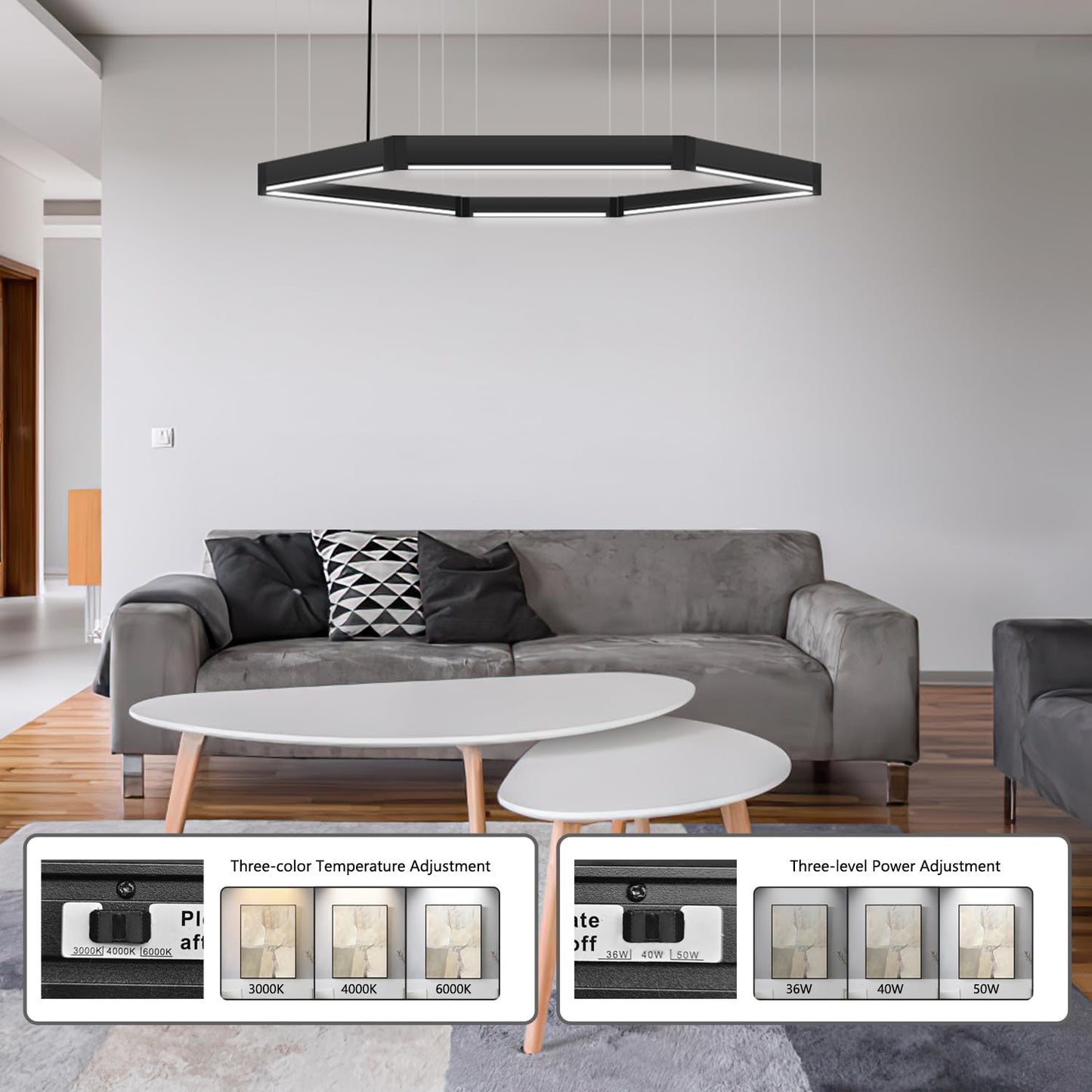 20FT LED Linear Light, 250W Pendant Light Fixtures, 0~10V Remote Switch, 3000K 4000K 6000K Color Changing Function, Combination Black Ceiling Shop Light, Suspended Office Lighting Fixture
