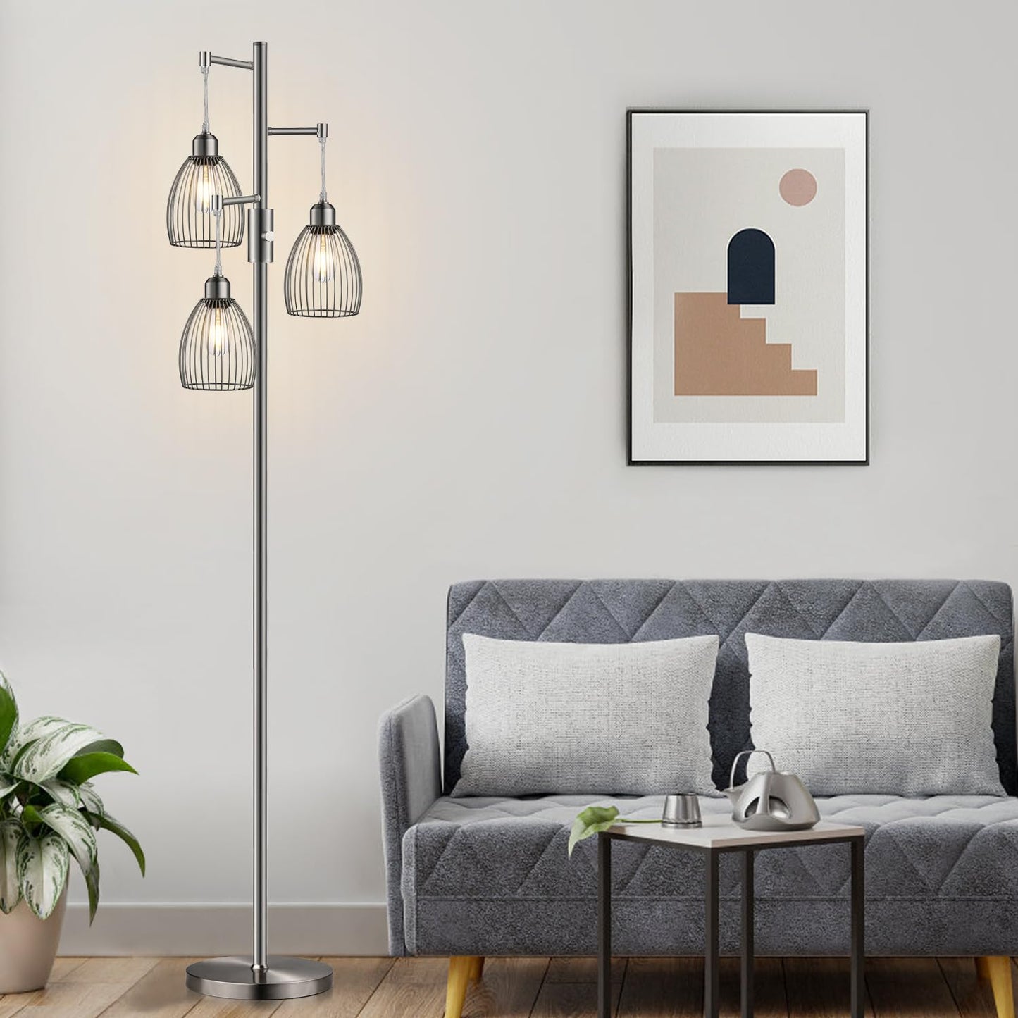Dimmable Industrial Floor Lamps for Living Room, Gold Tree Standing Tall Lamps with 3 Elegant Teardrop Cage Head & 800 Lumens LED Bulbs for Bedroom Office