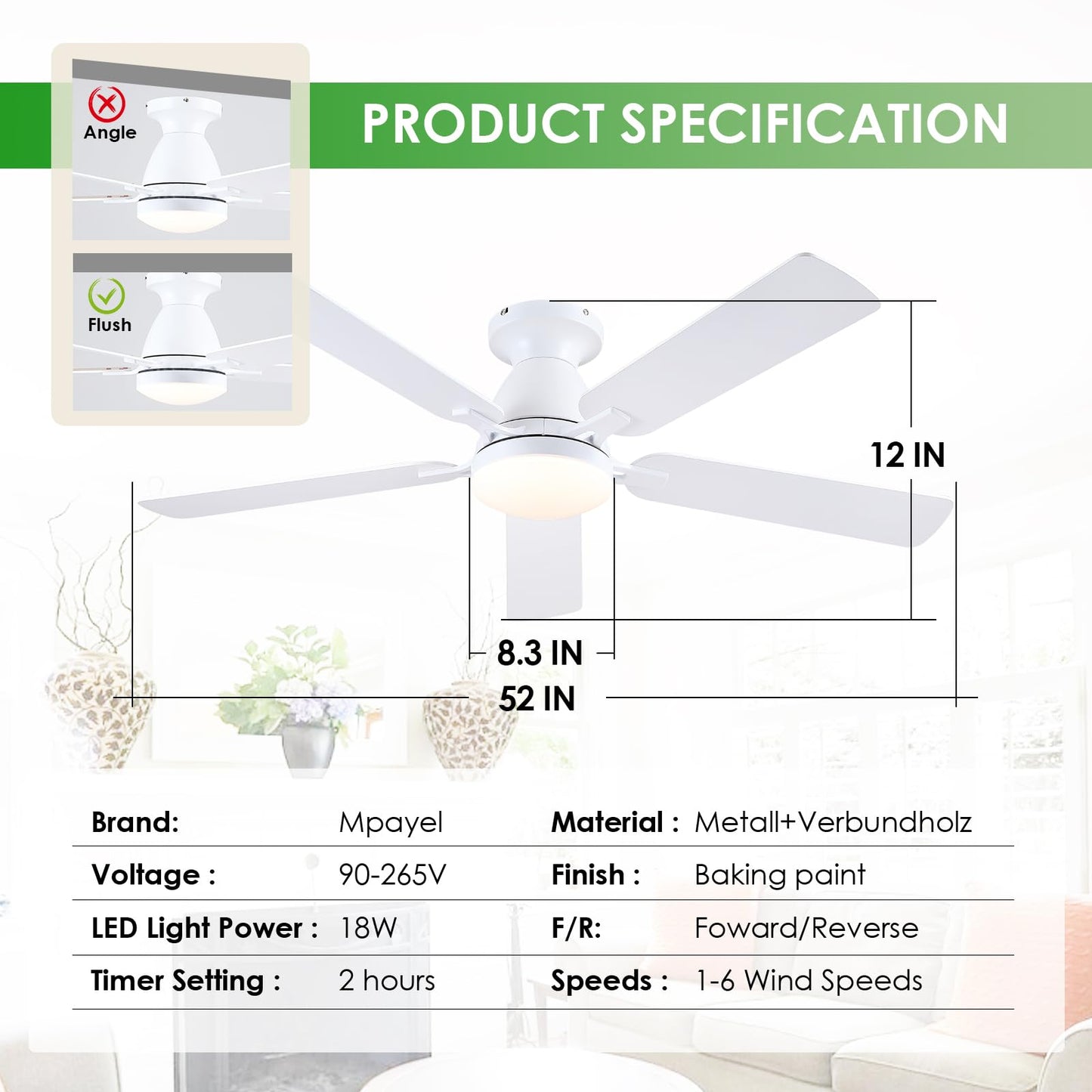 Ceiling Fans with Lights- 52" Low Profile Indoor Ceiling Fan with Light and Remote/APP Control, Flush Mount, LED Dimmable DC Reversible Modern Ceiling Fan for Bedroom（Black）
