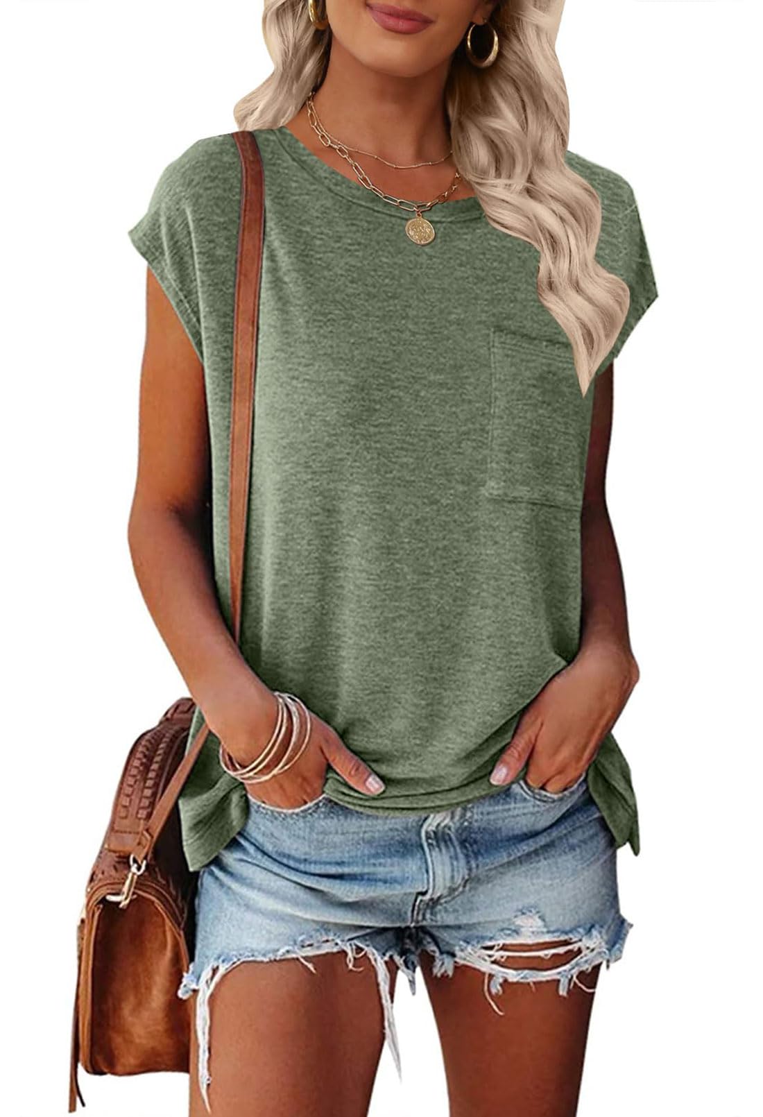 MEROKEETY Women's Casual Cap Sleeve T Shirts Basic Summer Tops Loose Solid Color Blouse