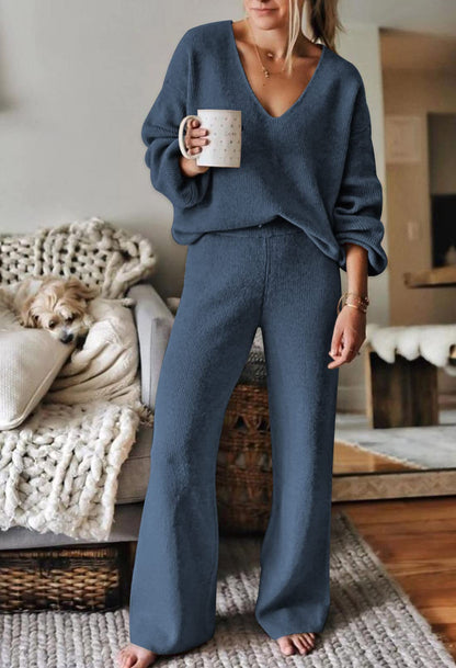 Viottiset Women's 2 Piece Outfits Casual V Neck Knit Wide Leg Sweater Lounge Set Sweatsuit