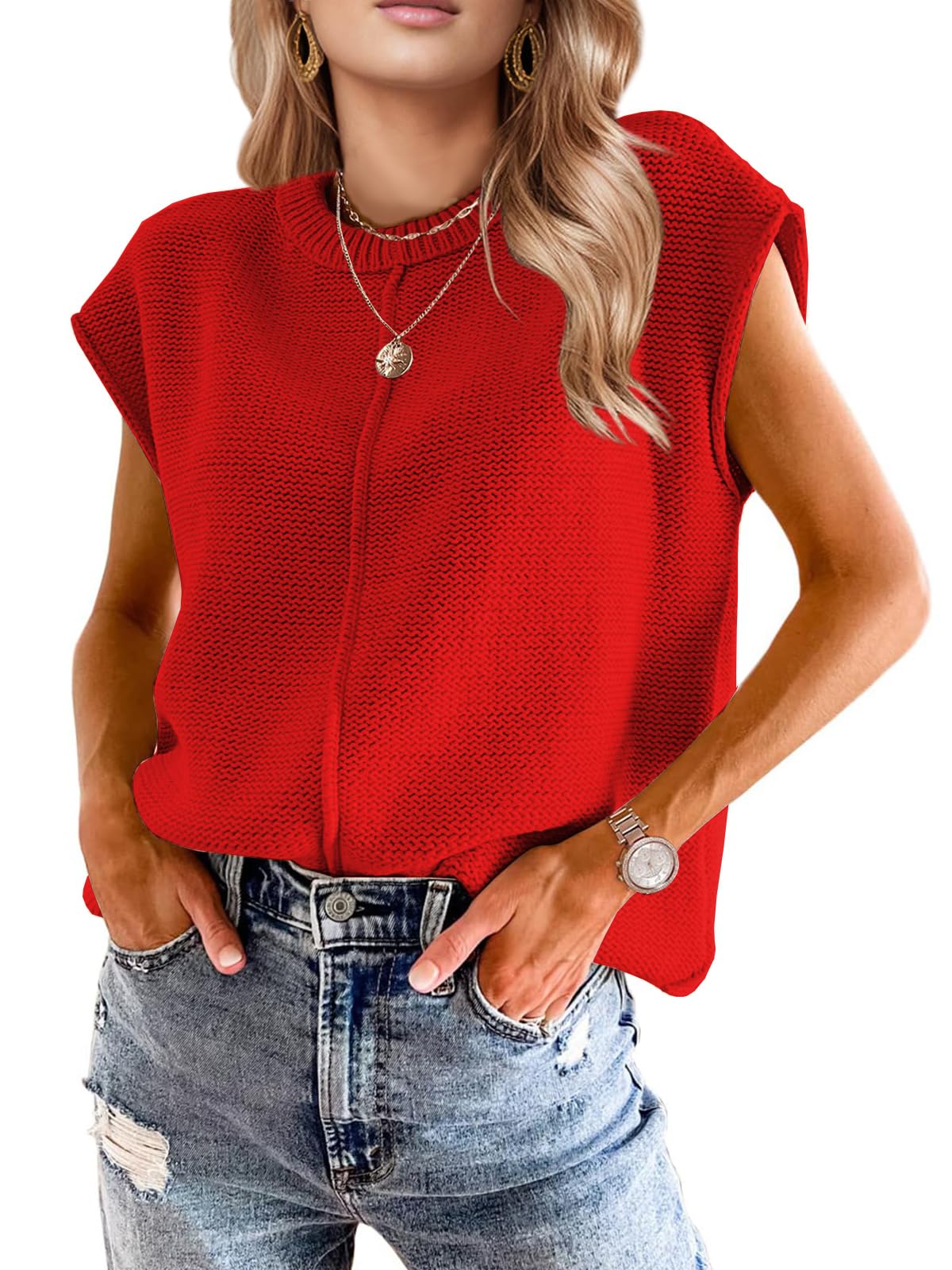 Womens Cap Sleeve Tops 2025 Trendy Tank Top Loose Knit Sweater Vests Cute Shirts Outfits Spring Fall Summer Tops