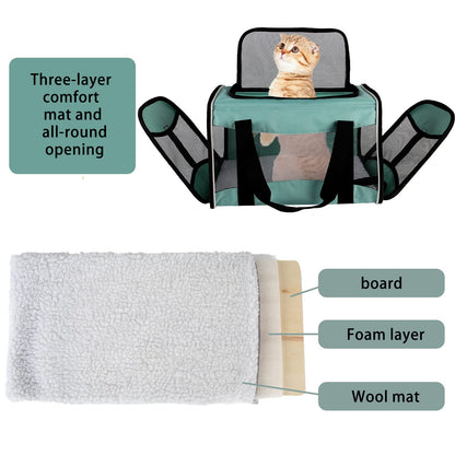 Cat Carrying Case Pet Dog Carrier Soft-Sided Cat Bag Airline Approved, Pet Travel Carrier Up to 15 Lbs, Collapsible Cat Carrier Dog Carrier for Medium Cats Small Cats Dogs(17x11x11 Green)