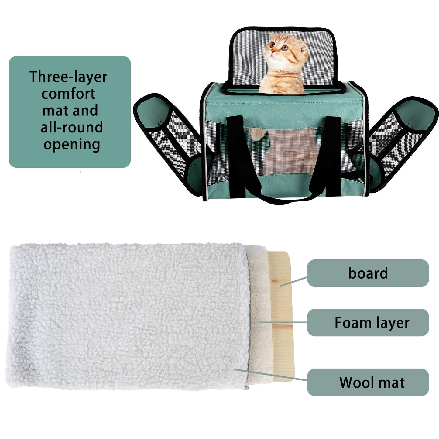 Cat Carrying Case Pet Dog Carrier Soft-Sided Cat Bag Airline Approved, Pet Travel Carrier Up to 15 Lbs, Collapsible Cat Carrier Dog Carrier for Medium Cats Small Cats Dogs(17x11x11 Green)