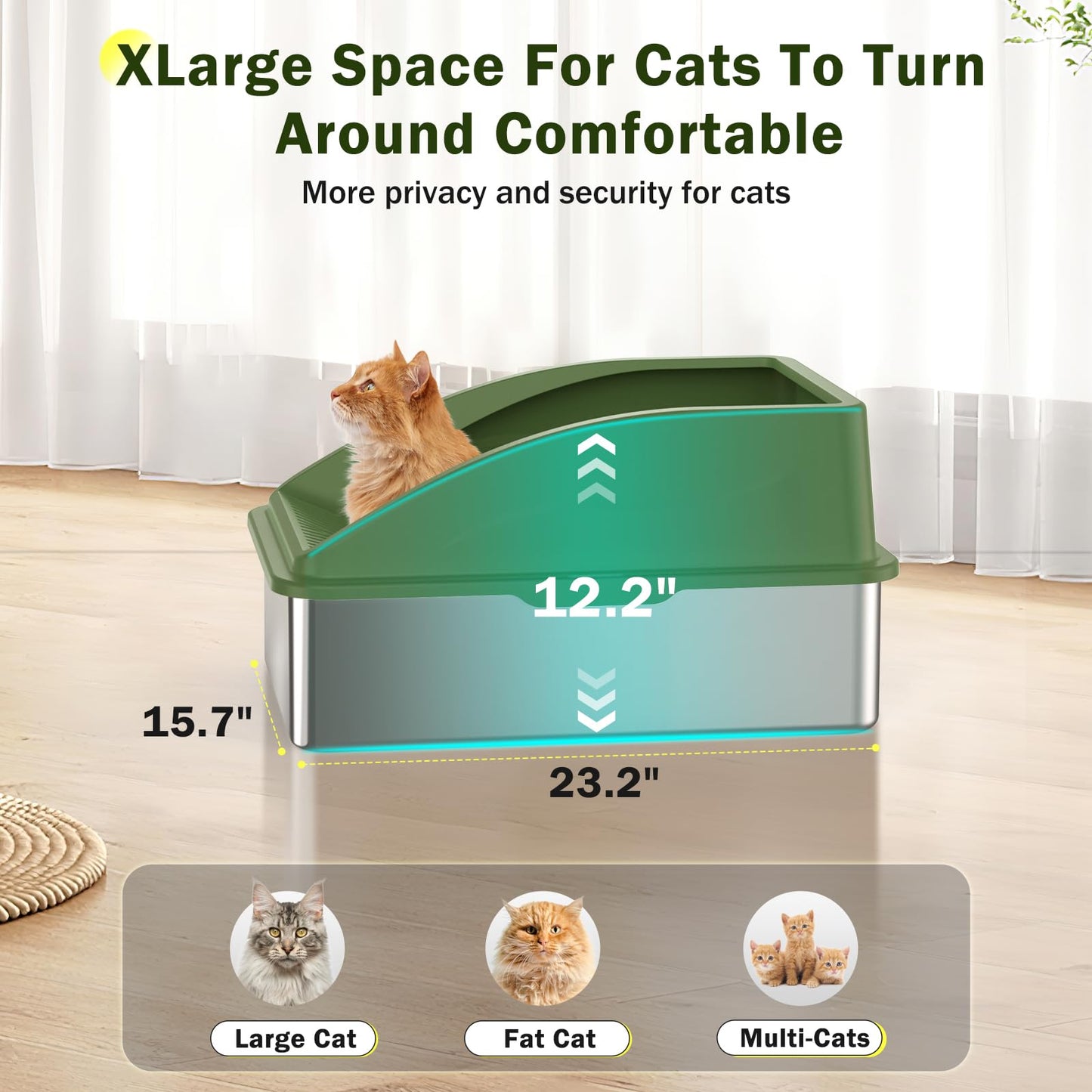 Stainless Steel Cat Litter Box, Extra Large Litter Boxes for Big Cats, Anti-Urine Leakage XL Litter Box with High Sides, Xlarge Metal Litter Box with Lid, Easy Clean, Non-Sticky, Cat Mat & Metal Scoop