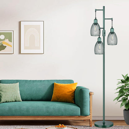 Dimmable Industrial Floor Lamps for Living Room, Gold Tree Standing Tall Lamps with 3 Elegant Teardrop Cage Head & 800 Lumens LED Bulbs for Bedroom Office
