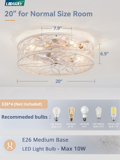 LEDIARY Caged Ceiling Fans with Lights, White Flush Mount Ceiling Fan with Remote, Small Low Profile Bladeless Ceiling Fan Light Fixture for Bedroom, Kitchen, Dining Room-White Gold Color