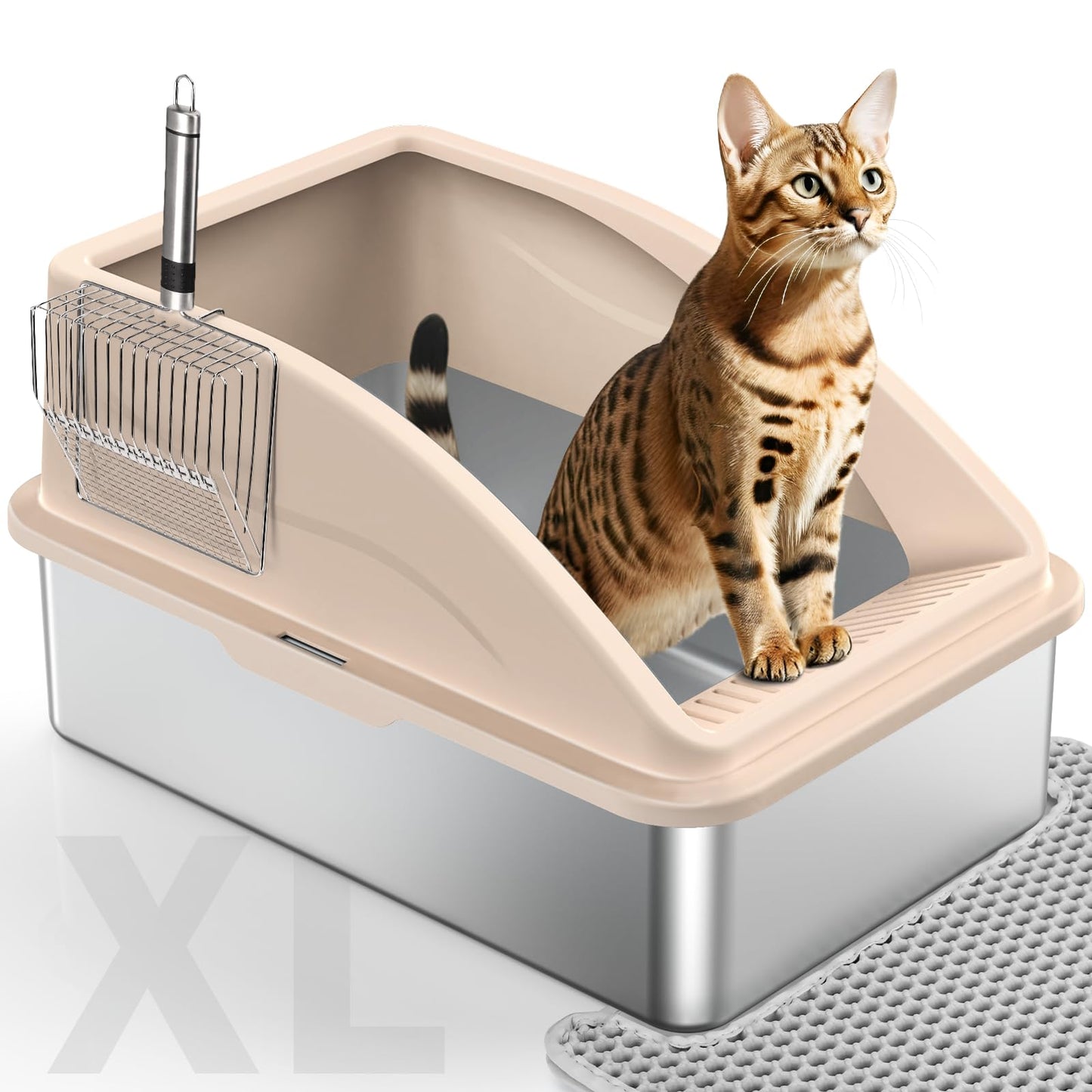 Stainless Steel Cat Litter Box, Extra Large Litter Boxes for Big Cats, Anti-Urine Leakage XL Litter Box with High Sides, Xlarge Metal Litter Box with Lid, Easy Clean, Non-Sticky, Cat Mat & Metal Scoop
