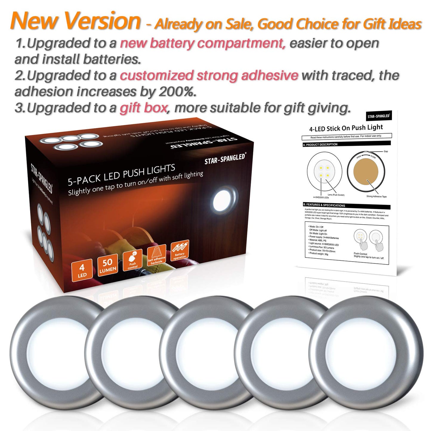 STAR-SPANGLED Push Tap Light, 2.8” Mini Night Touch LED Puck Lamp, Portable Under Cabinet Lighting AAA Battery Operated Powered, DIY Stick On Lights for Closet, Counter, Kitchen, Warm White, 5 Pack