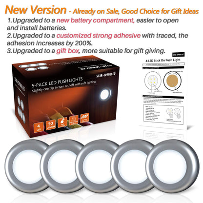 STAR-SPANGLED Push Tap Light, 2.8” Mini Night Touch LED Puck Lamp, Portable Under Cabinet Lighting AAA Battery Operated Powered, DIY Stick On Lights for Closet, Counter, Kitchen, Warm White, 5 Pack