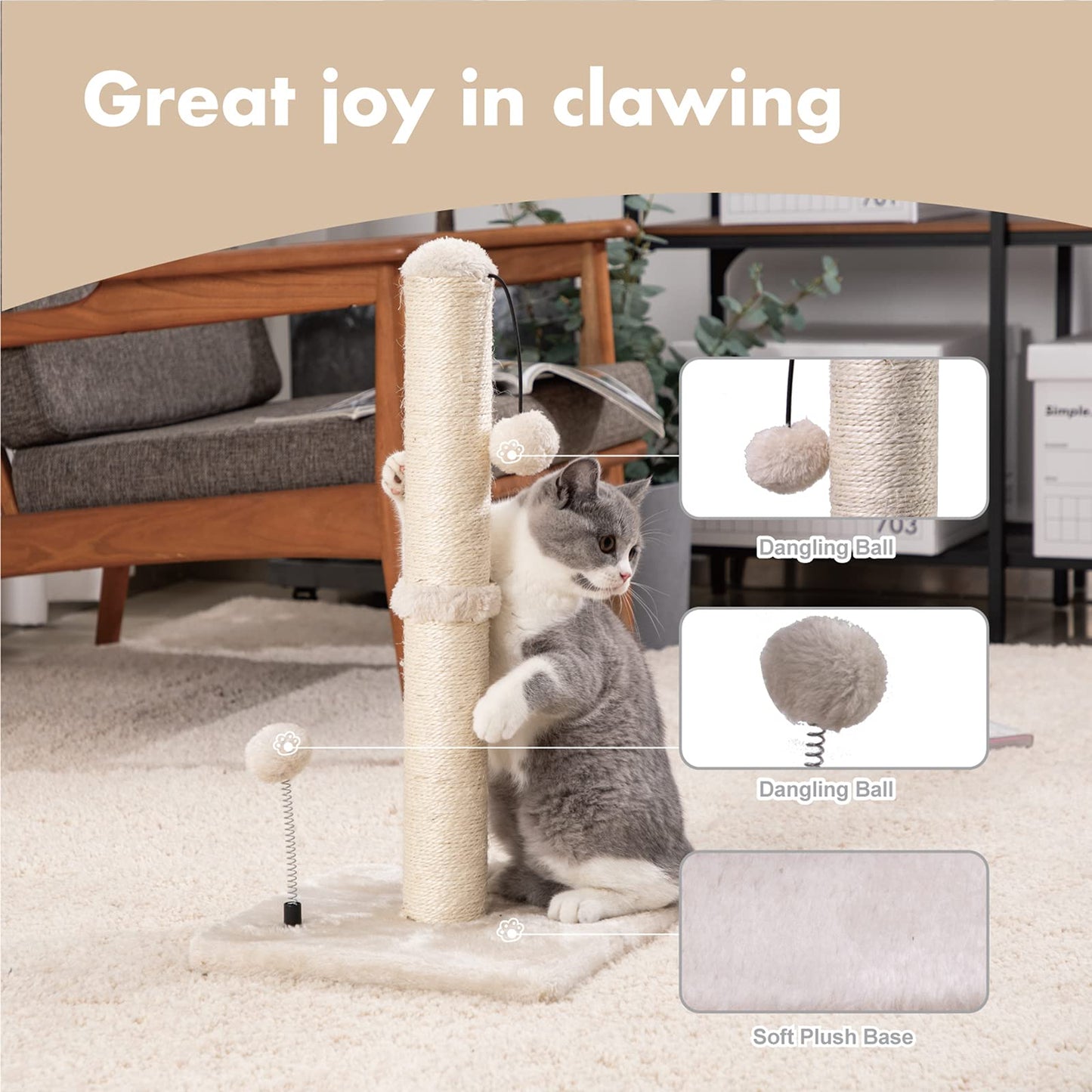 Cat Scratching Post Premium Basics Kitten Scratcher Sisal Scratch Posts with Hanging Ball 22in for Kittens or Smaller Cats (22 inches for Kitten, Beige)