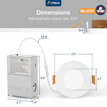 Amico 12 Pack 6 Inch 5CCT Ultra-Thin LED Recessed Ceiling Light with Junction Box, 1050LM Brightness, Dimmable Canless Wafer Downlight, 12W, ETL&FCC