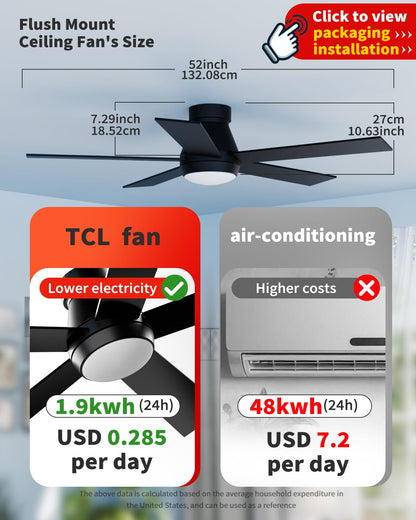 TCL 52" Black Ceiling Fan with Light and Remote, Modern LED 3-Color, Quiet Motor for Bedroom, Living Room, Dining Room, Ceiling Fans with Lights (Black)
