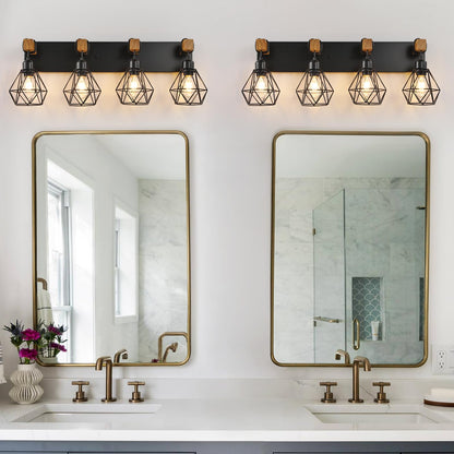 Farmhouse Vanity Light for Bathroom, 3-Light Wood Bathroom Vanity Light Fixtures Over Mirror, Rustic Sconces Wall Lighting with Metal Lampshade for Living Room, Bedroom, Hallway