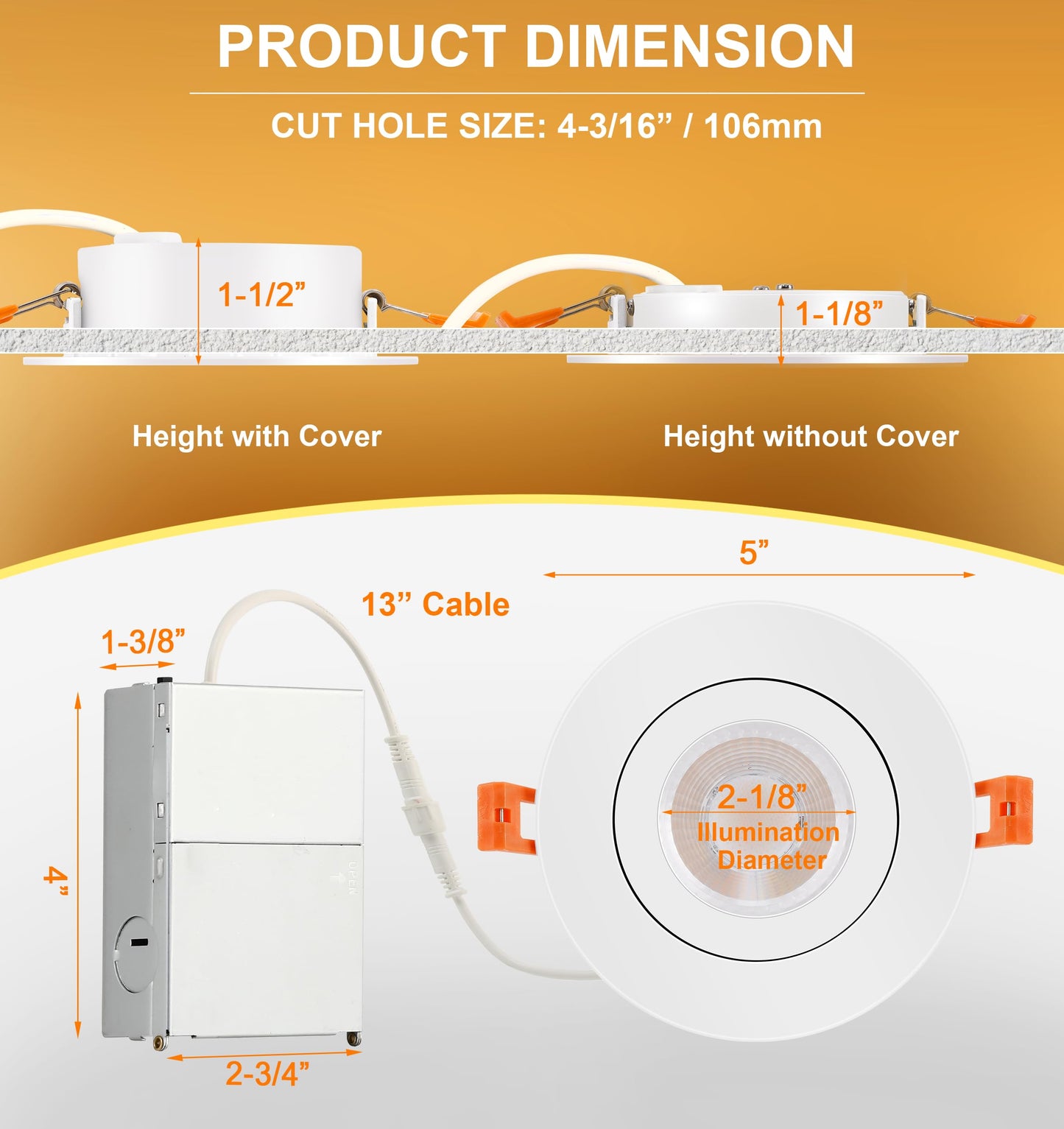 Cloudy Bay Eyeball 5 Color 4 inch Gimbal LED Recessed Light with Junction Box,9.5W CRI90+ 2700K/3000K/3500K/4000K/5000K Selectable,Dimmable Canless Ceiling Spot Light,Damp Location,Black,Pack of 6