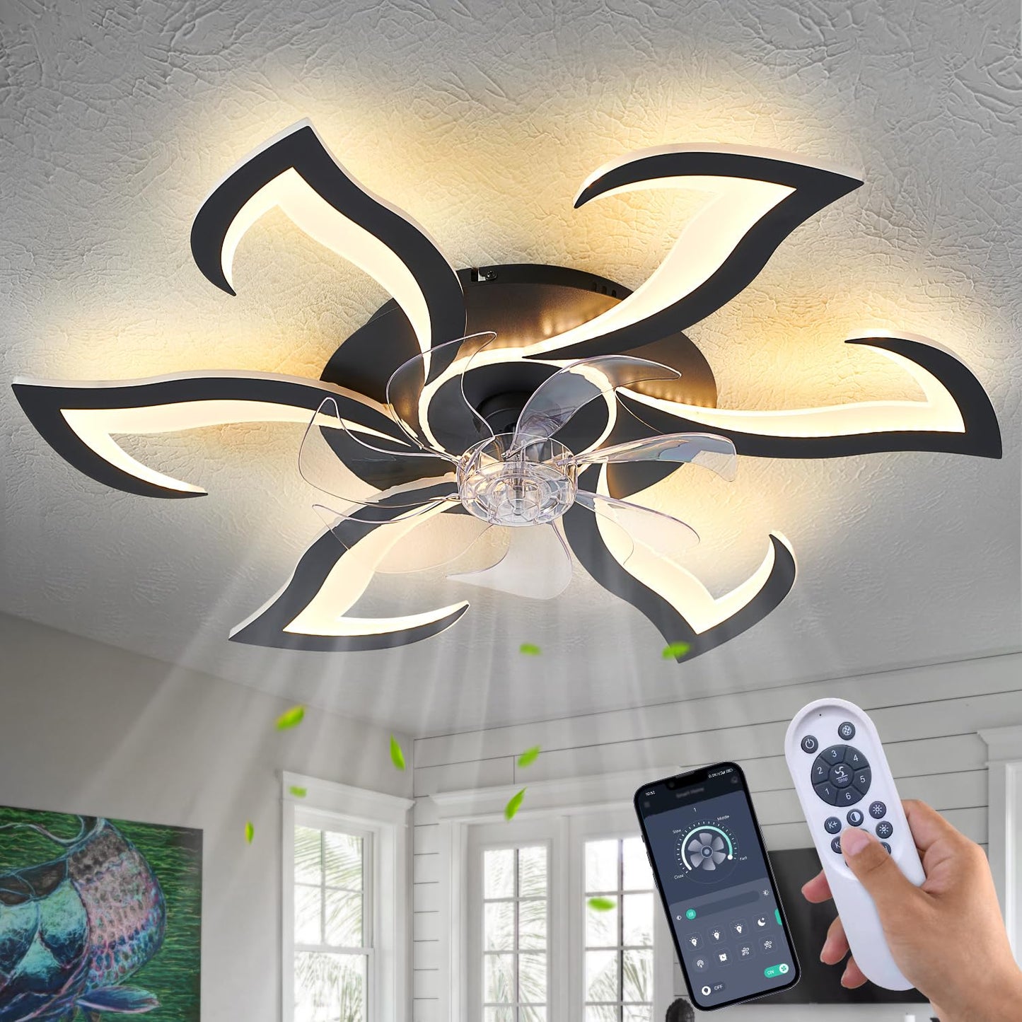 Ceiling Fan with Lights Remote Control, 24" Black, 6 Speeds 3 Light Color Low Profile Flush Mount Ceiling Fan for Kitchen Bedroom