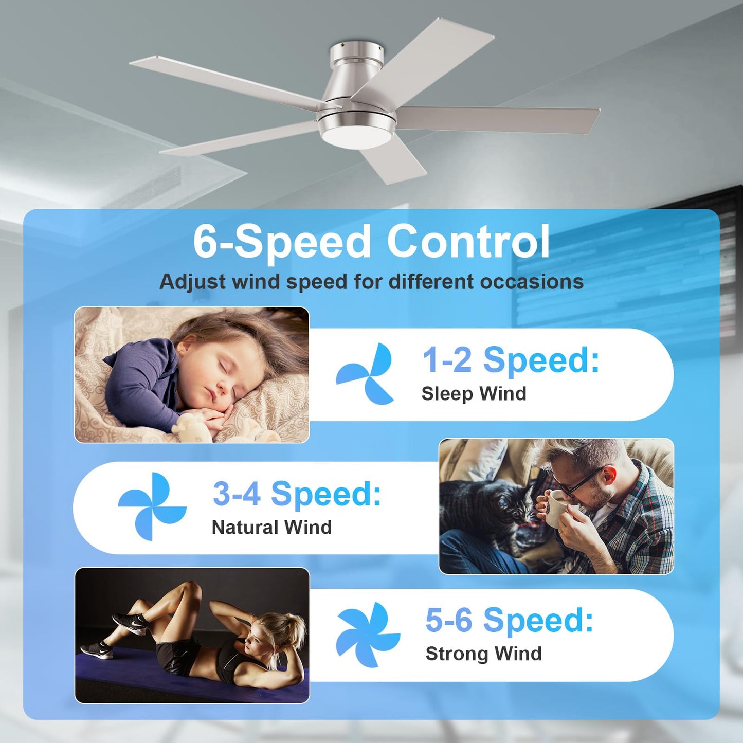 TCL 52" Ceiling Fan with Lights, Black Flush Mount Ceiling Fans with Remote Control, 6 Speeds DC Reversible, Dimmable, Noiseless, Low Profile