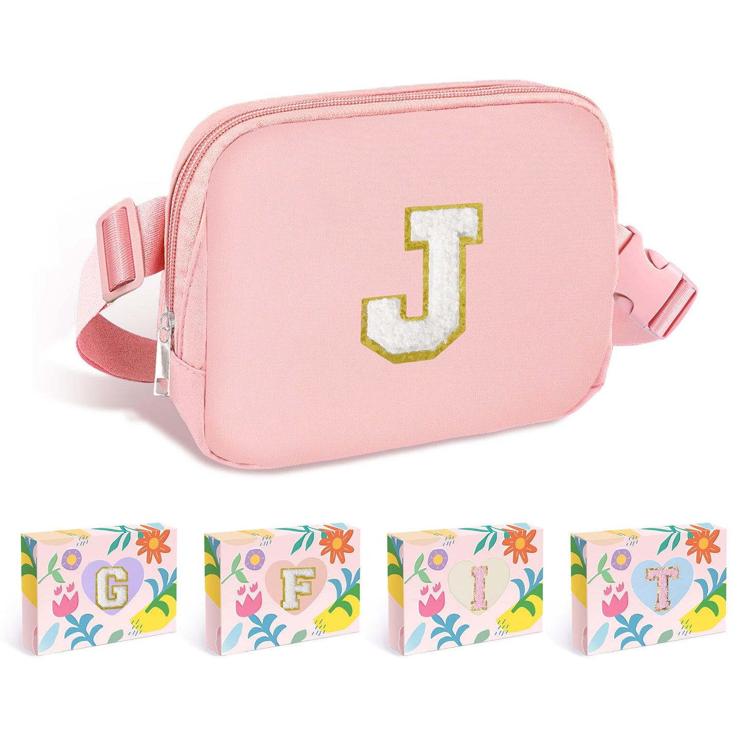 COSHAYSOO Pink Belt Bag Small Waist Fanny Pack Mini Crossbody Purse with Initial Preppy Letter Patch for Teen Girl Women Workout, Cross Body Chest Pouch Trending Birthday Gift Idea (S)