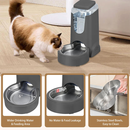 2 Pack Automatic Cat Feeder and Stainless Steel Water Dispenser, Gravity Dog Waterer Set Food Feeder and Waterer Set for Small Medium Kitten Puppy Pets(1 Gallon x 2, Charcoal Gray)
