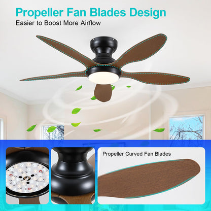 Ceiling Fans with Lights, 51 inch Modern Black Low Profile Ceiling Fan with Light and Remote App Control, Flush Mount, Quiet DC Reversible, Dim Led Ceiling Fan 6 Blade Softer Wind Indoor/Outdoor Patio